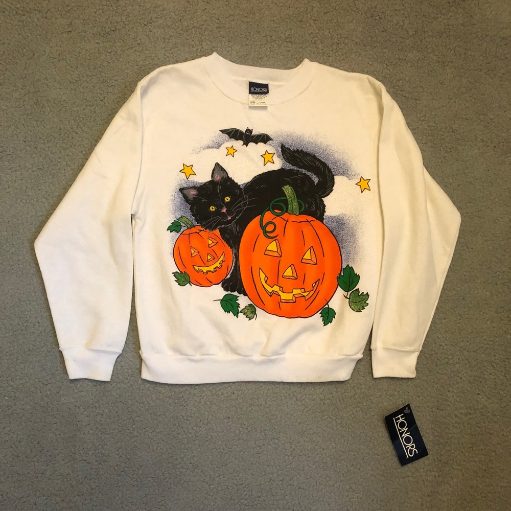 VTG 90s Honors Halloween Sweatshirt Black Cat Pumpkin White Girls L 10/12 NWT